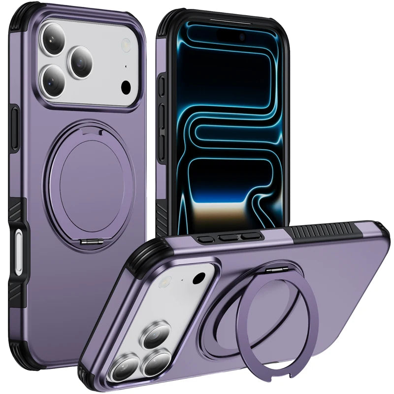 Shockproof Dual-Layer MagSafe Case with 360° Rotating Ring Stand for iPhone 18 Series