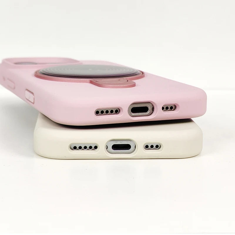 Frosted Liquid Silicone Case with 360° Rotating Holder & Mirror for iPhone 16 Series