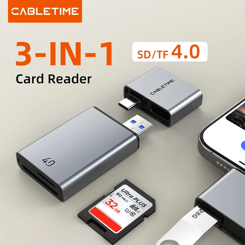 CABLETIME 3-in-1 SD Card Reader USB-A & USB-C Adapter
