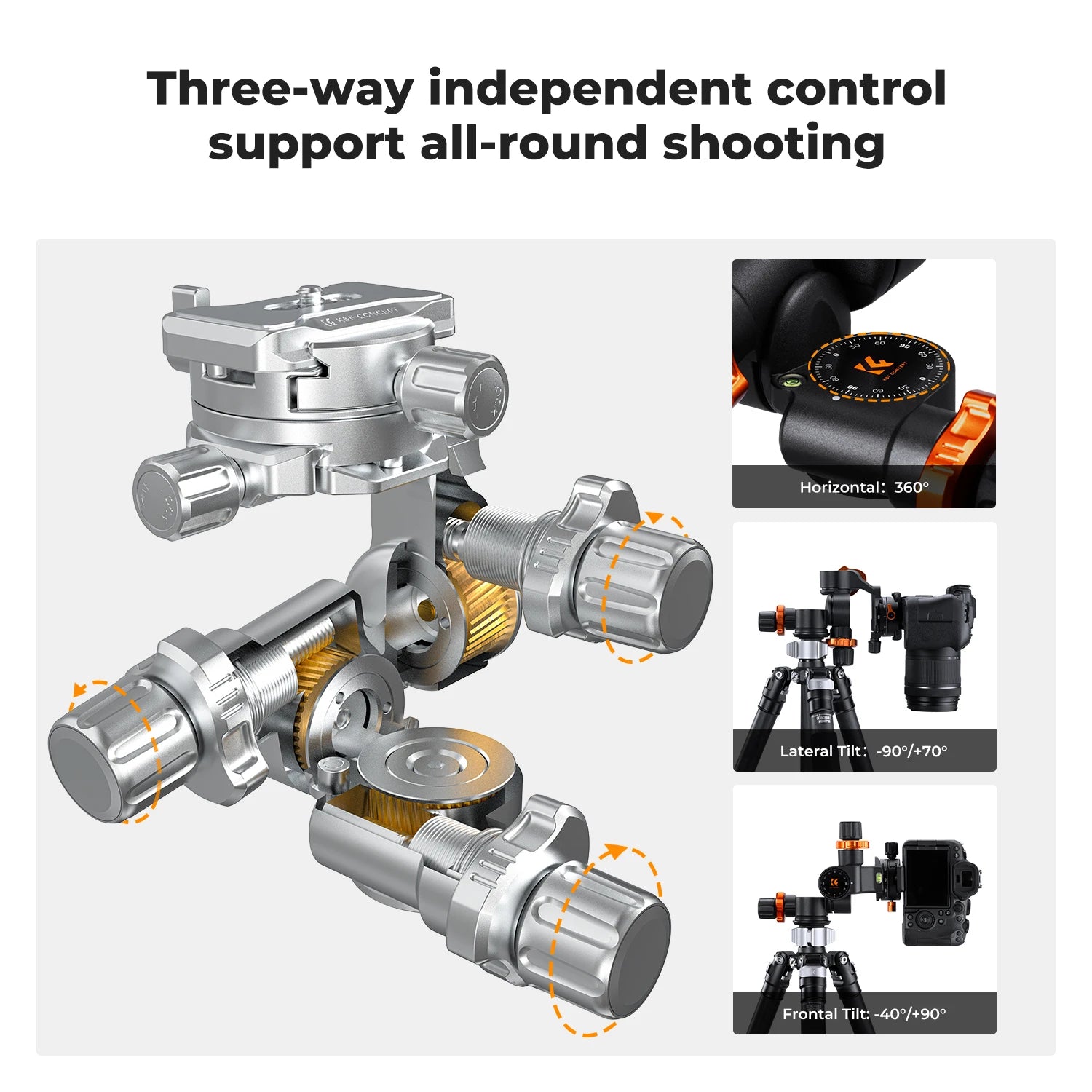 K&F Concept Geared 3-Way Tripod Head