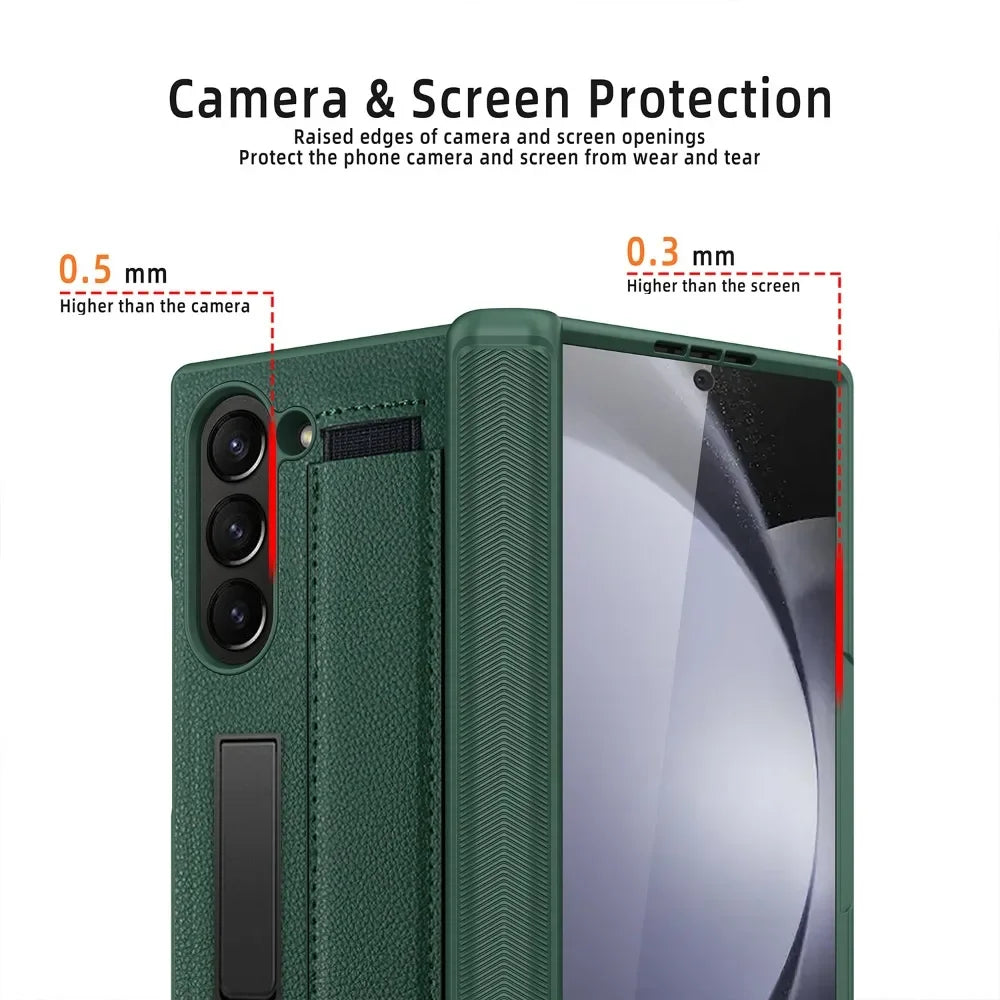 Full Coverage Hinge Protective Leather Case with Kickstand & Wristband for Samsung Galaxy Z Fold 5