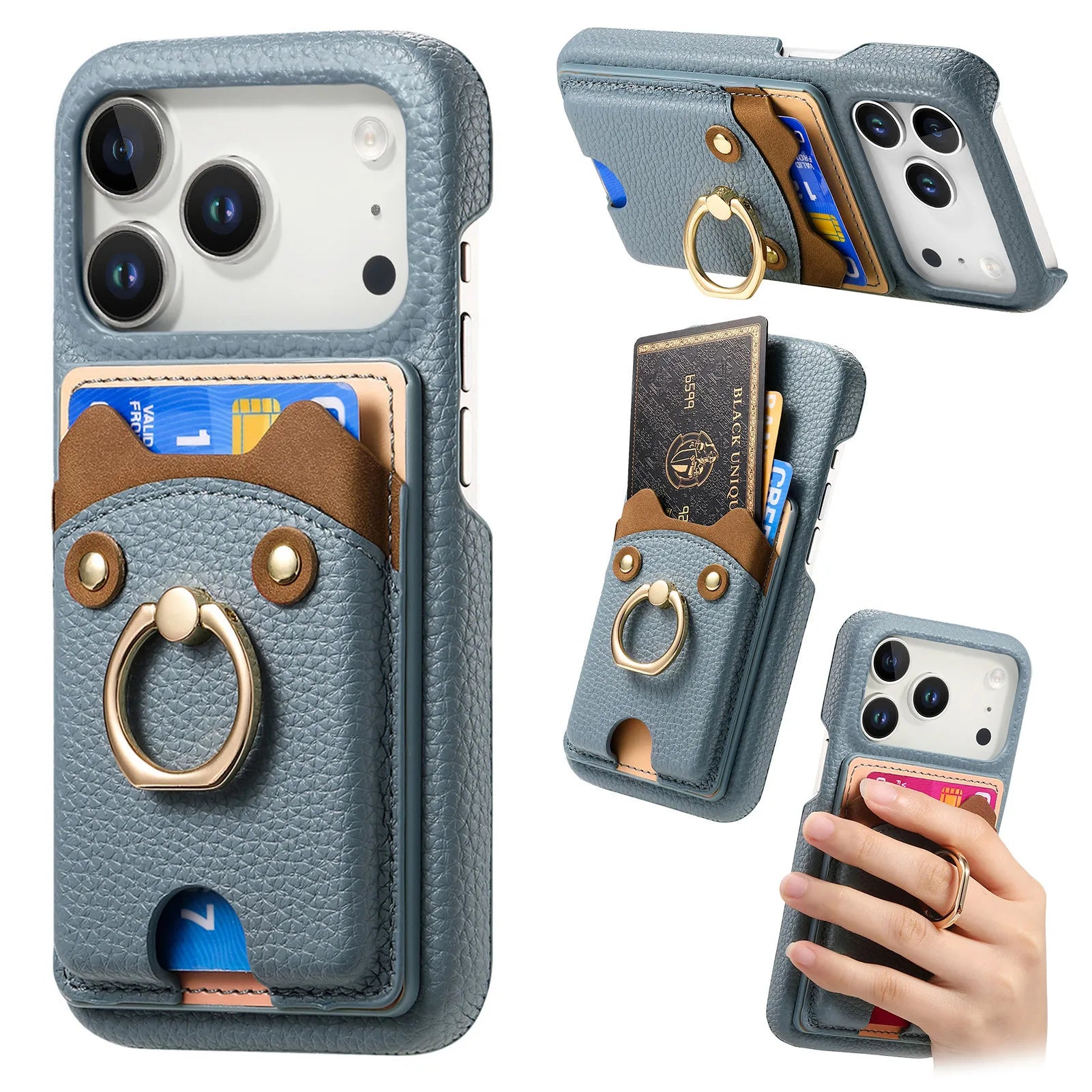 Premium Lychee Pattern Leather Wallet Case with Ring Holder & Vertical Card Slot for iPhone 17 Series