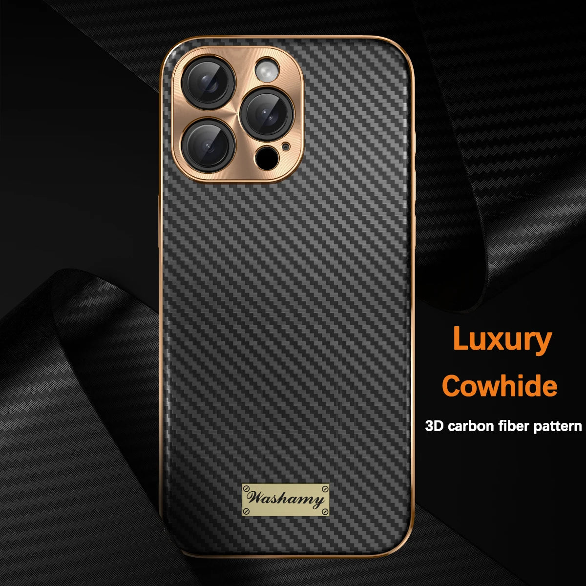 Premium 3D Carbon Fiber Plated Leather Phone Case with Alloy Shockproof Lens Protection for iPhone 16 Series
