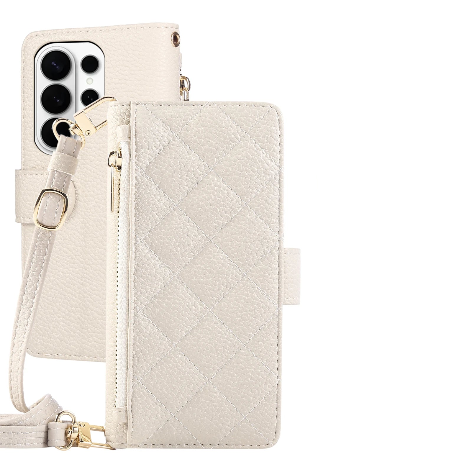 Quilted Faux Leather Crossbody Wallet Case with Detachable Adjustable Lanyard Strap for Samsung Galaxy S26 Series