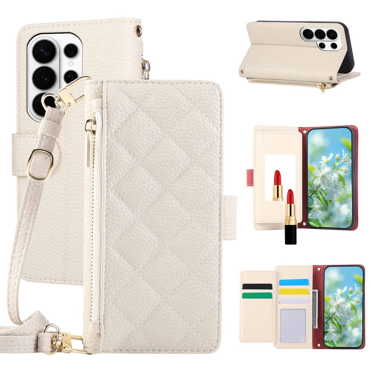 Quilted Crossbody Wallet Case with Detachable Lanyard Strap for Samsung Galaxy S25 Series