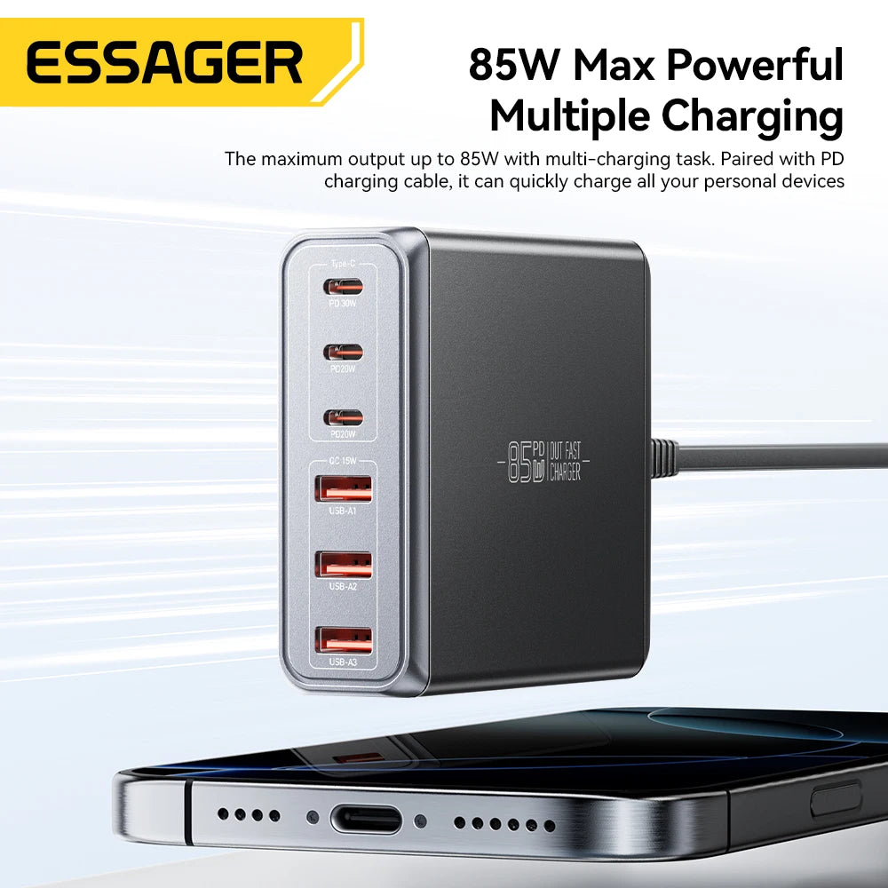 Essager 85W GaN 6-Port USB-C Desktop PD Fast Charging Station
