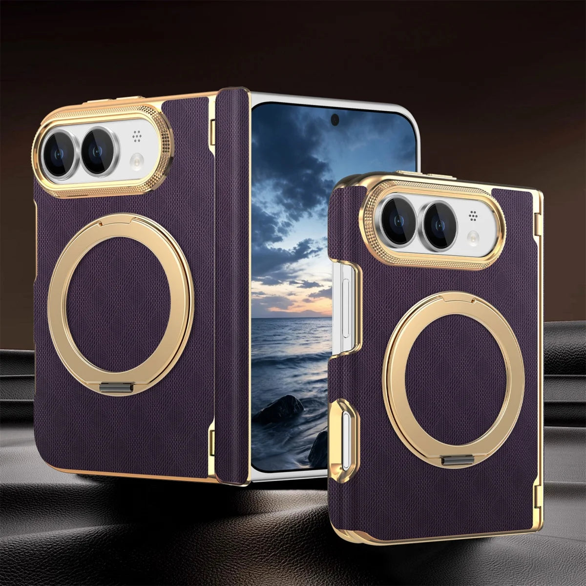 Fabric Leather Rotating Ring Holder Case with Electroplated Accents for iPhone Duo