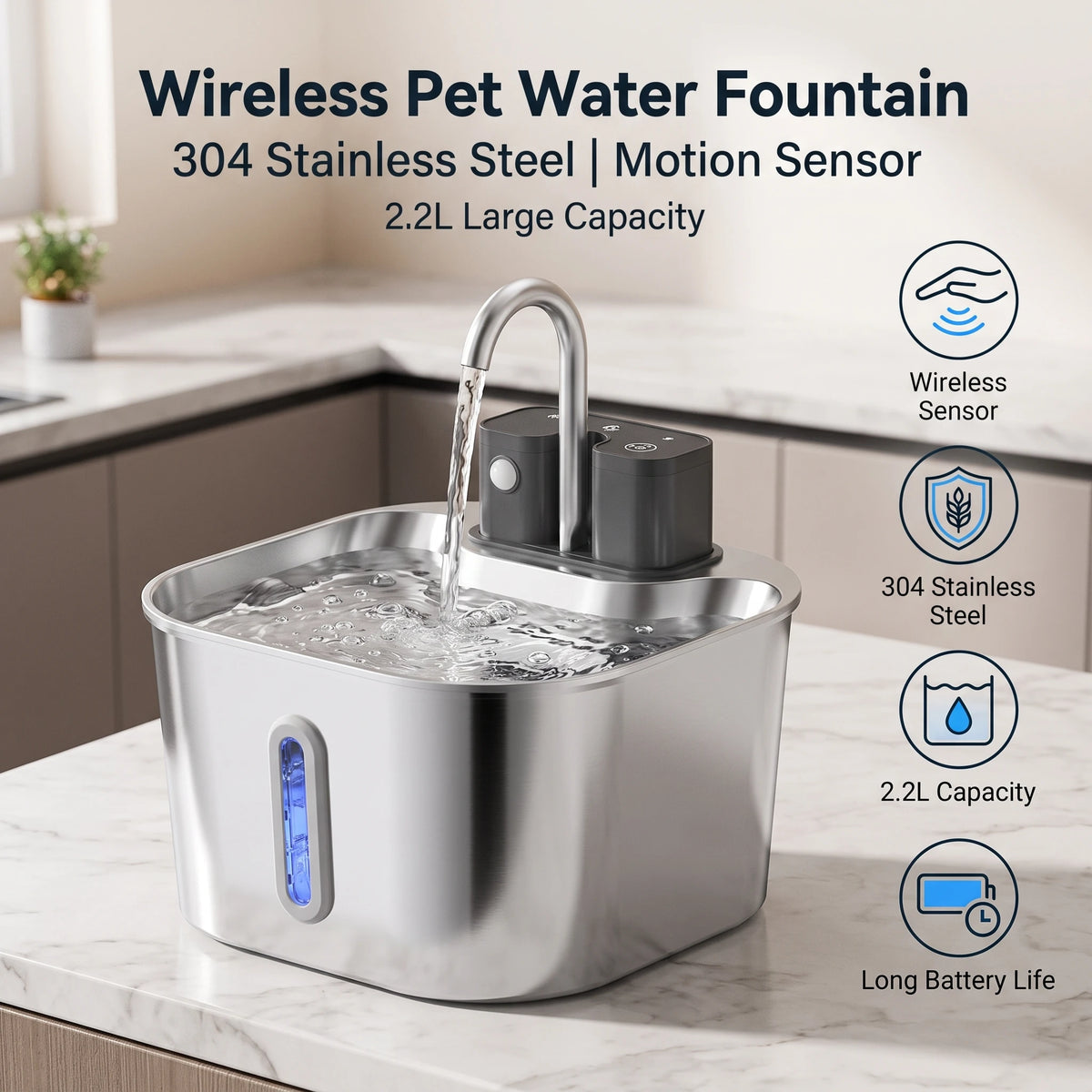 Repetsun 2.2L Motion-Sensor Stainless Steel Cat Water Fountain