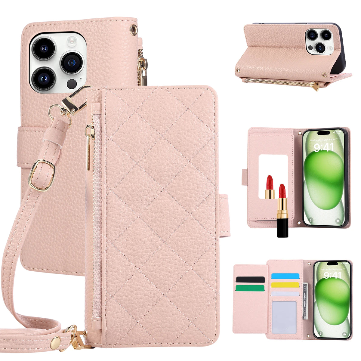 Crossbody Leather Wallet Case with Card Holder for iPhone 15 Series
