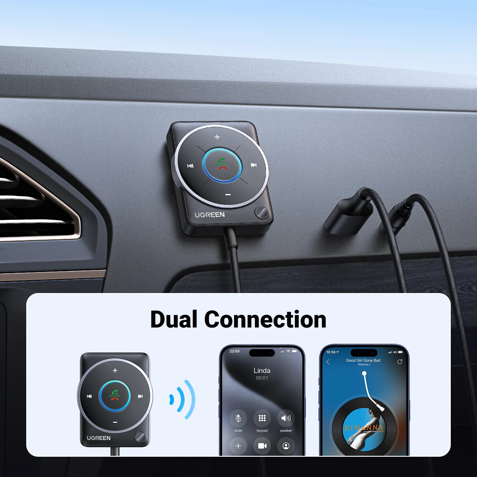 UGREEN Bluetooth 5.4 Car Receiver Adapter with Microphones and Noise Cancellation