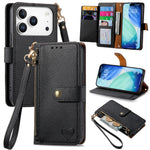 RFID Blocking Leather Zipper Wallet Phone Case with Wrist Strap for iPhone 17 Series