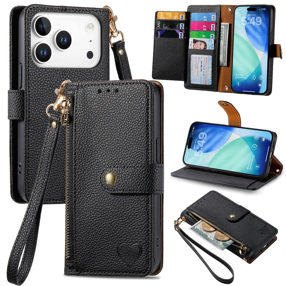 RFID Blocking Leather Zipper Wallet Phone Case with Wrist Strap for iPhone 17 Series