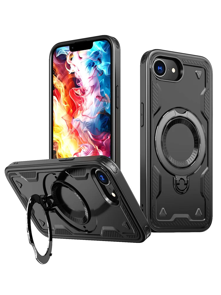 iPhone 16e Magnetic Hard PC + Soft TPU Case & Rotatable Ring Stand
