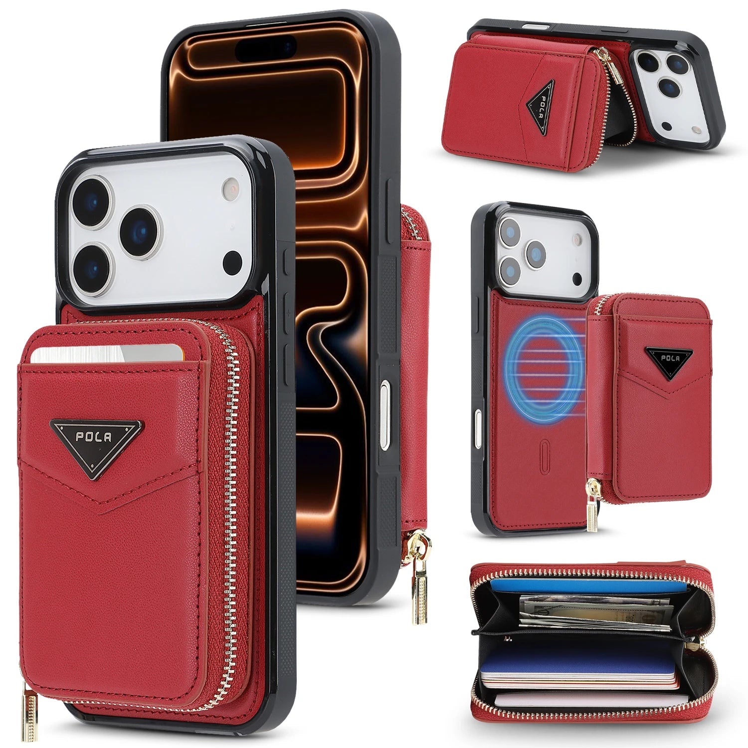 Shockproof Leather MagSafe Case with Detachable Zipper Wallet for iPhone 17 Serie