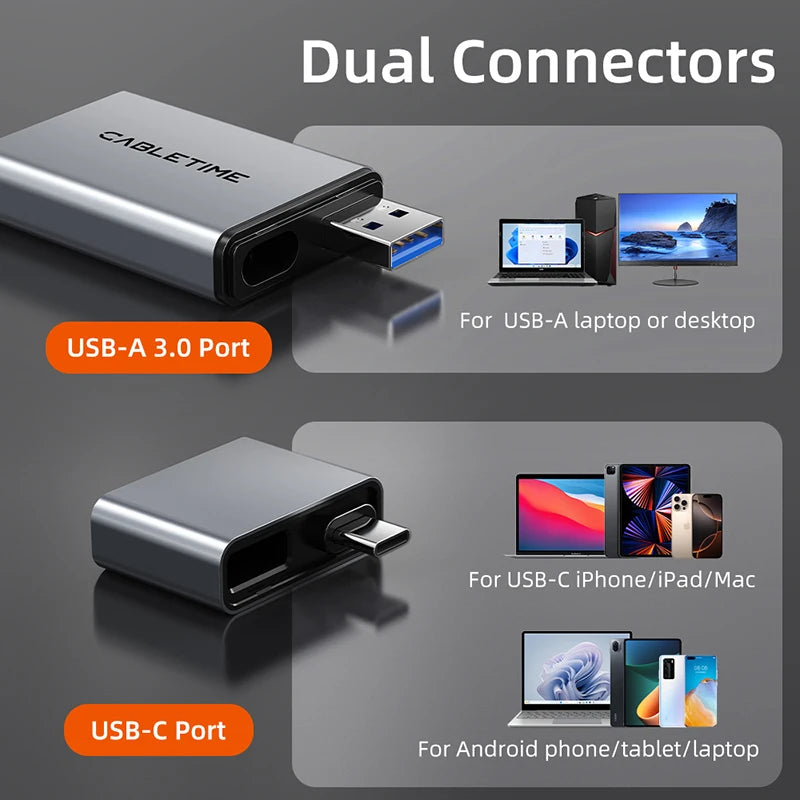CABLETIME 3-in-1 SD Card Reader USB-A & USB-C Adapter