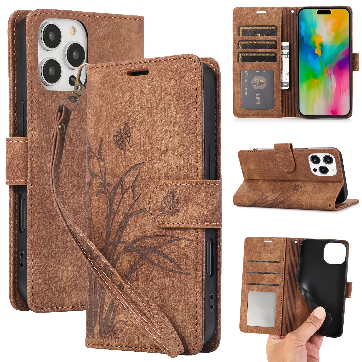 iPhone 16 Series Leather Wallet Case with Wrist Strap & Kickstand