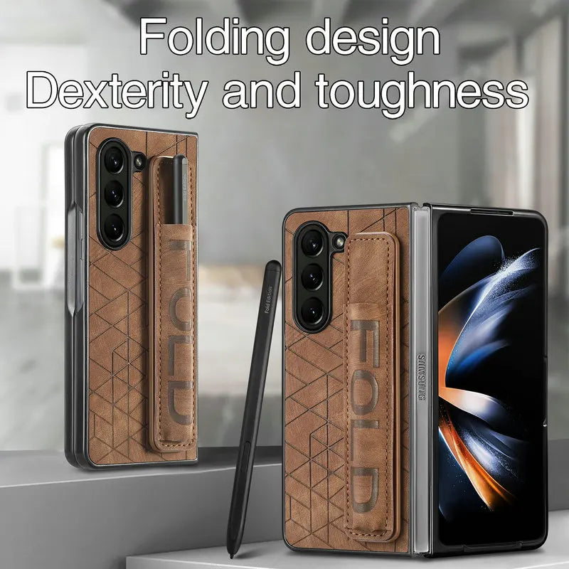 Elegant Leather Case for Samsung Galaxy Z Fold 6 with Wrist Strap & Pen Slot