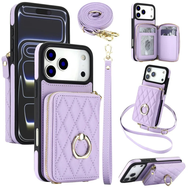 Leather Wallet Phone Case with Adjustable Lanyard for iPhone 17 Series