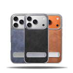 Luxury Electroplated PU Leather Case with Foldable Alloy Stand for iPhone 17 Series