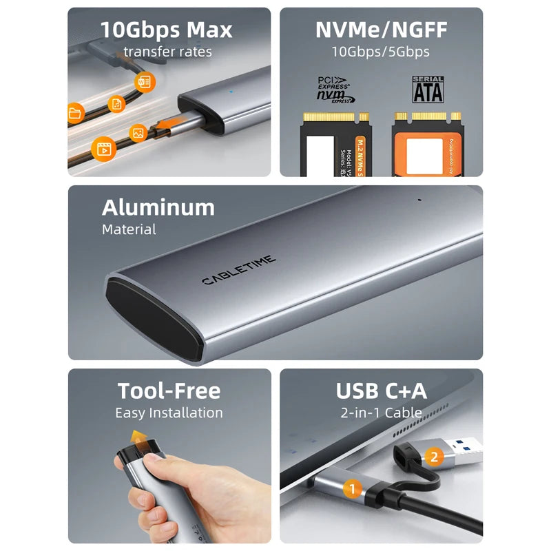 CABLETIME Tool-Free M.2 NVMe SSD Enclosure