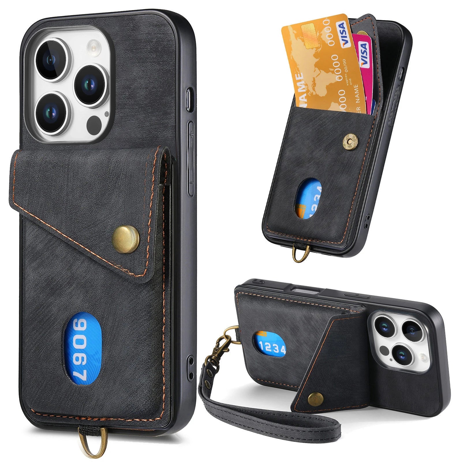 Shockproof Leather Wallet Case with Kickstand & Card Holder for iPhone 15 Series
