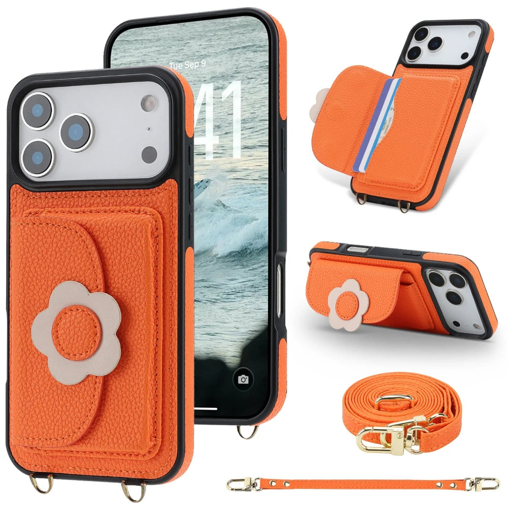 Crossbody Leather Wallet Case with Card Slots and Stand for iPhone 17 Series
