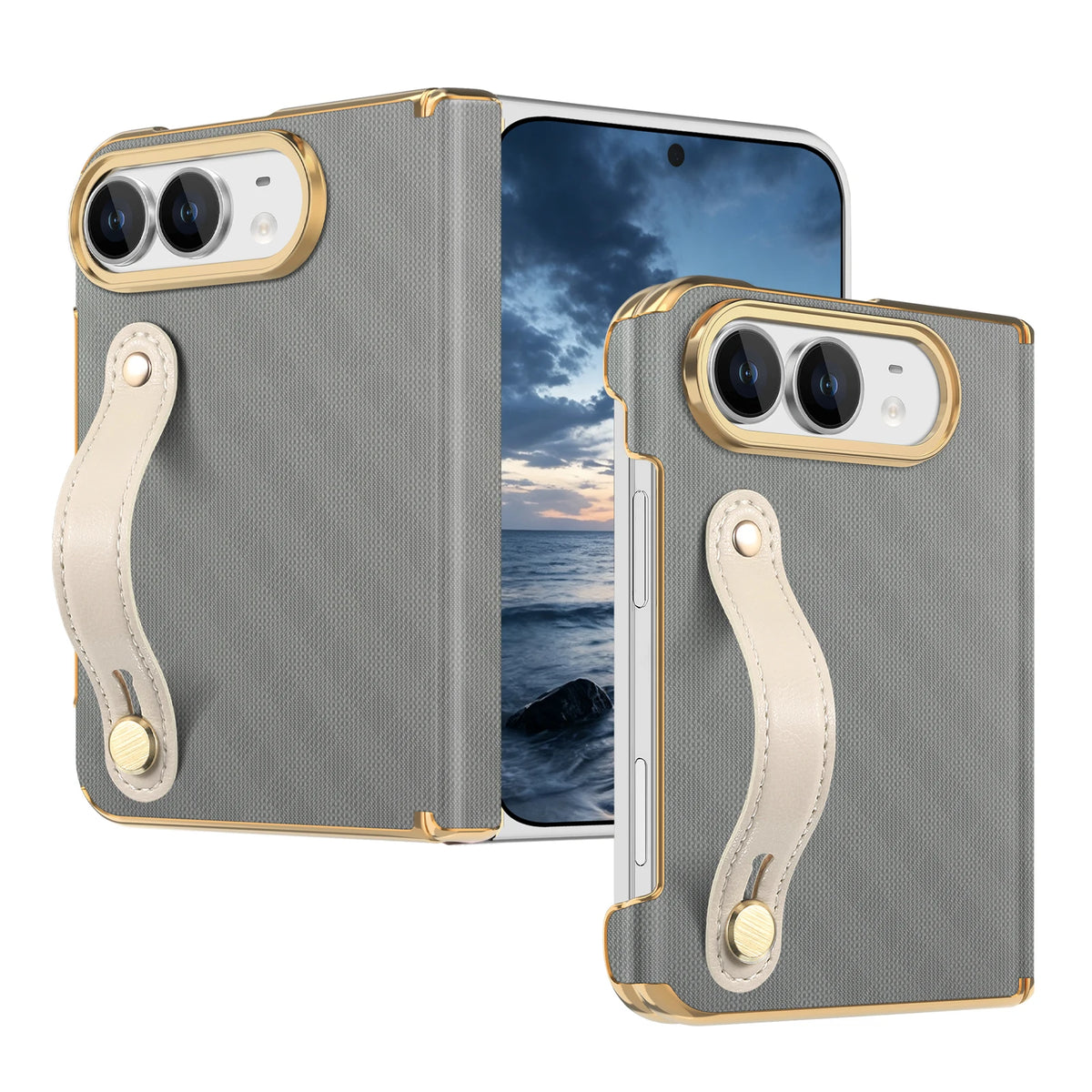 Textured Leather Case with Wrist Strap and Hinge Protection for iPhone Duo