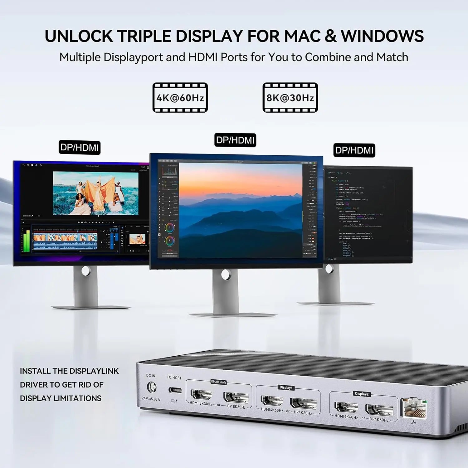 Minisopuru DisplayLink USB-C Dock with 3-Monitor Support