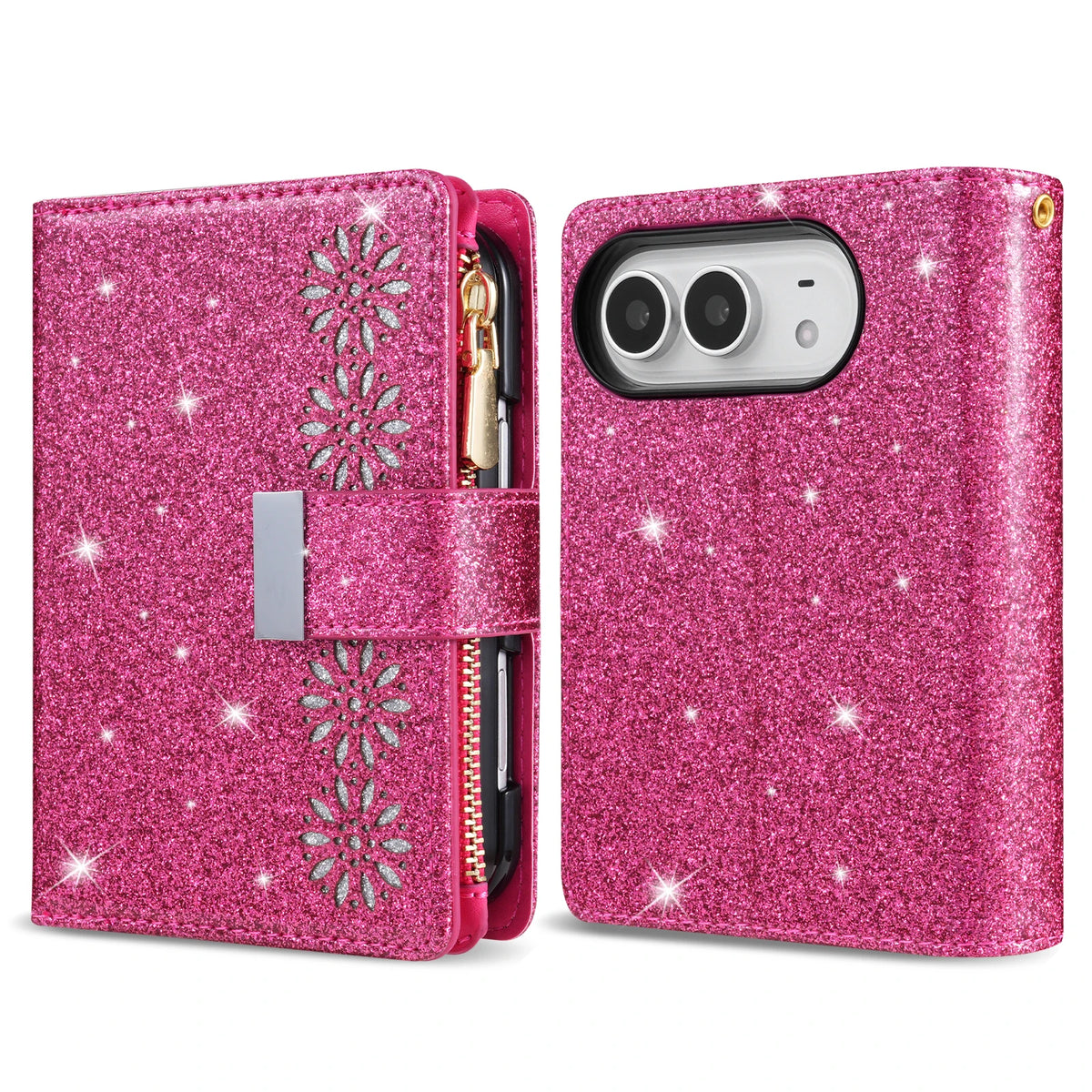 Glitter Floral PU Leather Wallet Case with Kickstand for iPhone Duo