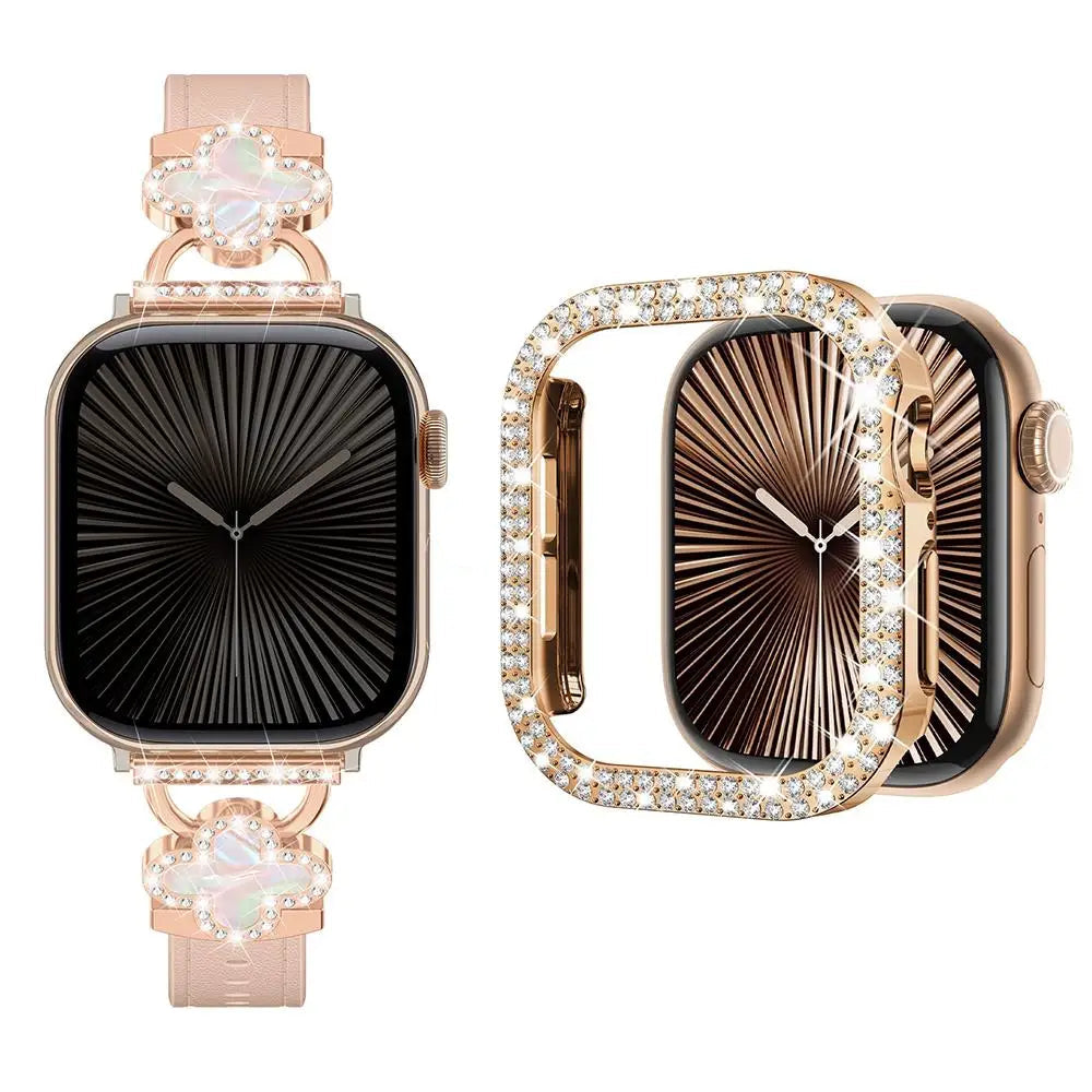 Elegant Leather Bracelet Strap with Dimond Case for Apple Watch Series 10