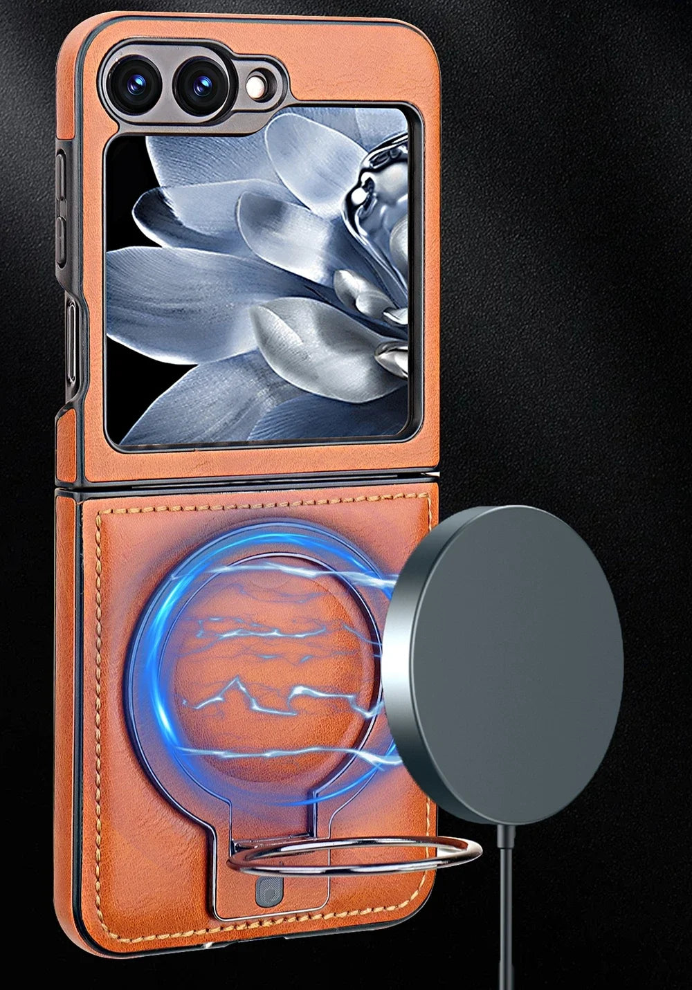 Shockproof Luxury Leather Magnetic Case with Ring Bracket for Samsung Galaxy Z Flip 6