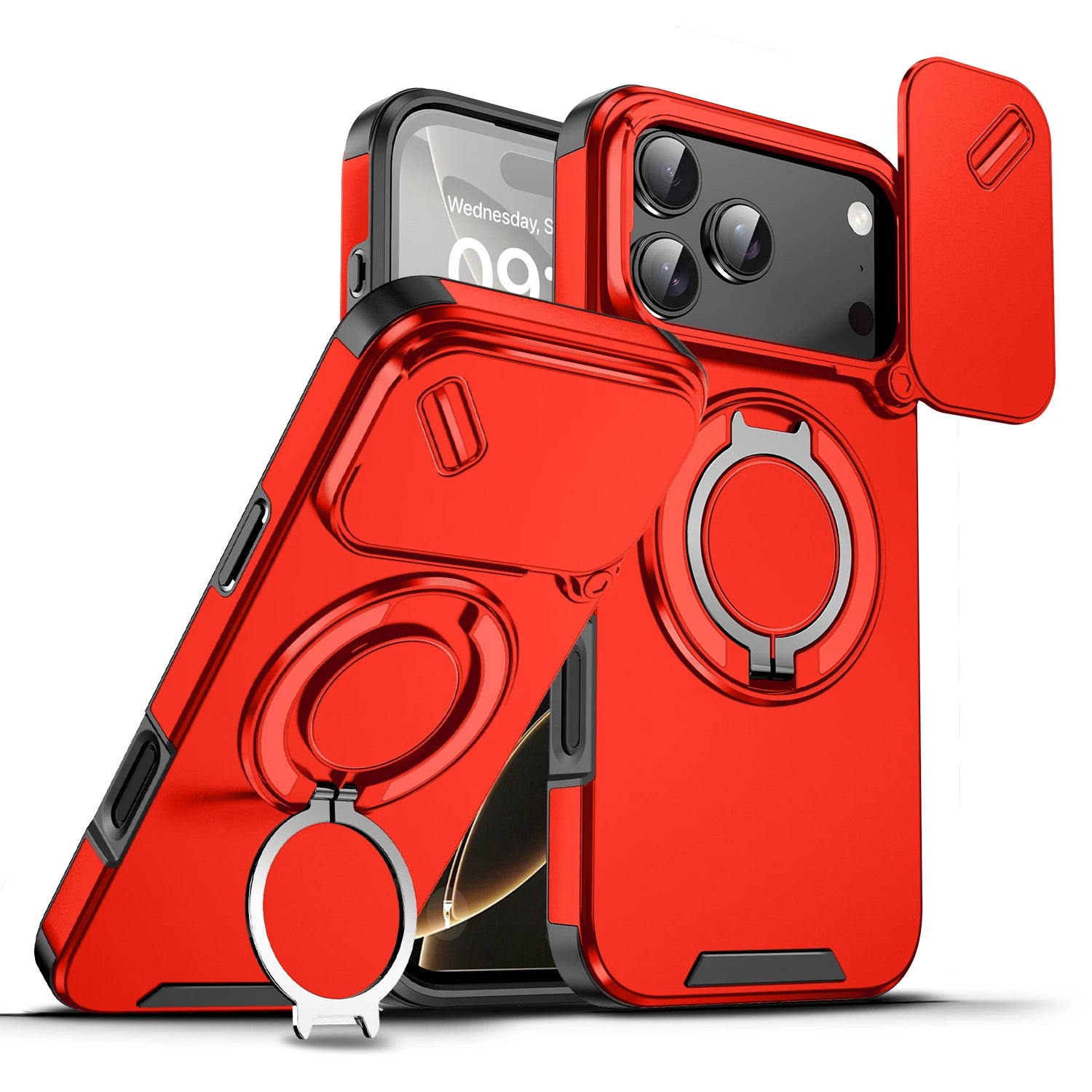 Durable Heavy Duty Case with Camera Slide Cover & Magnetic Ring Kickstand for iPhone 17 Series