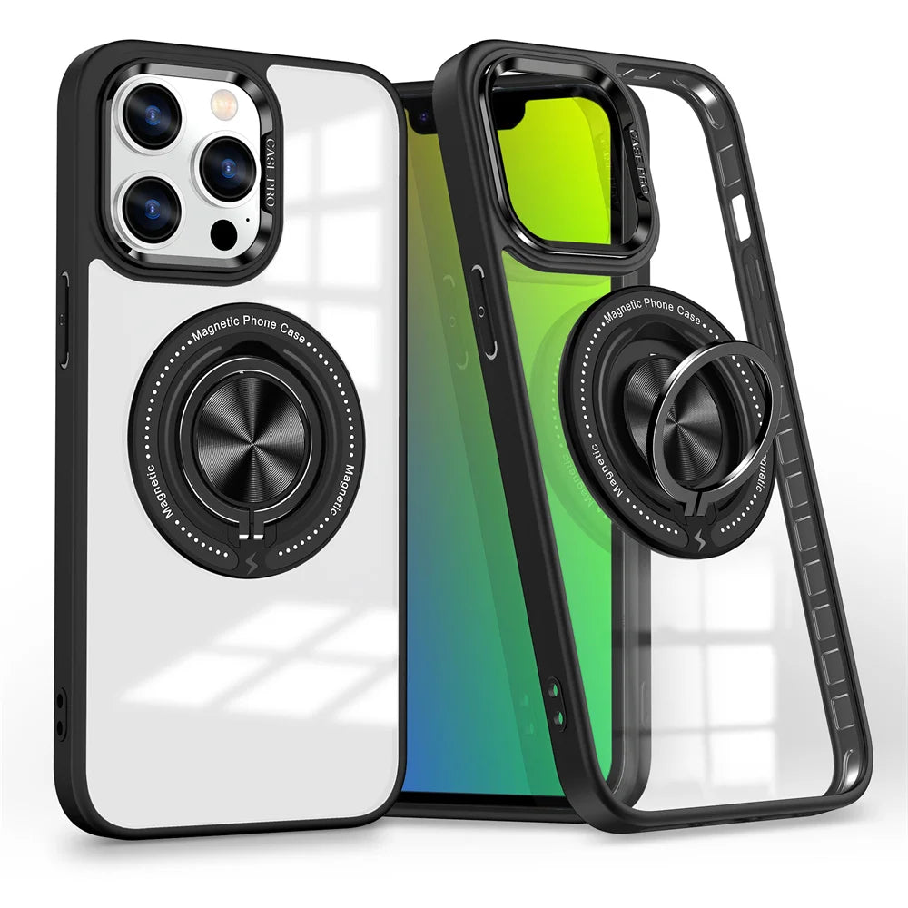 Crystal Clear Magnetic Case with Ring Stand for iPhone 15 Series