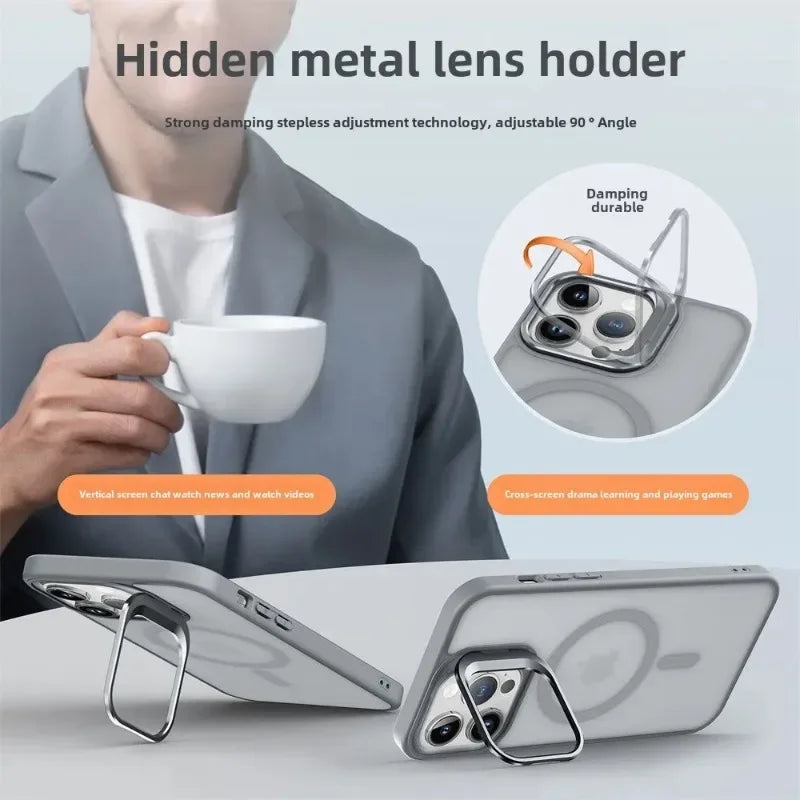 Shockproof Matte MagSafe Case with Metal Lens Stand for iPhone 15 Series