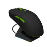 Black gaming mouse with green accents on a dark background, featuring the Darmoshark brand.