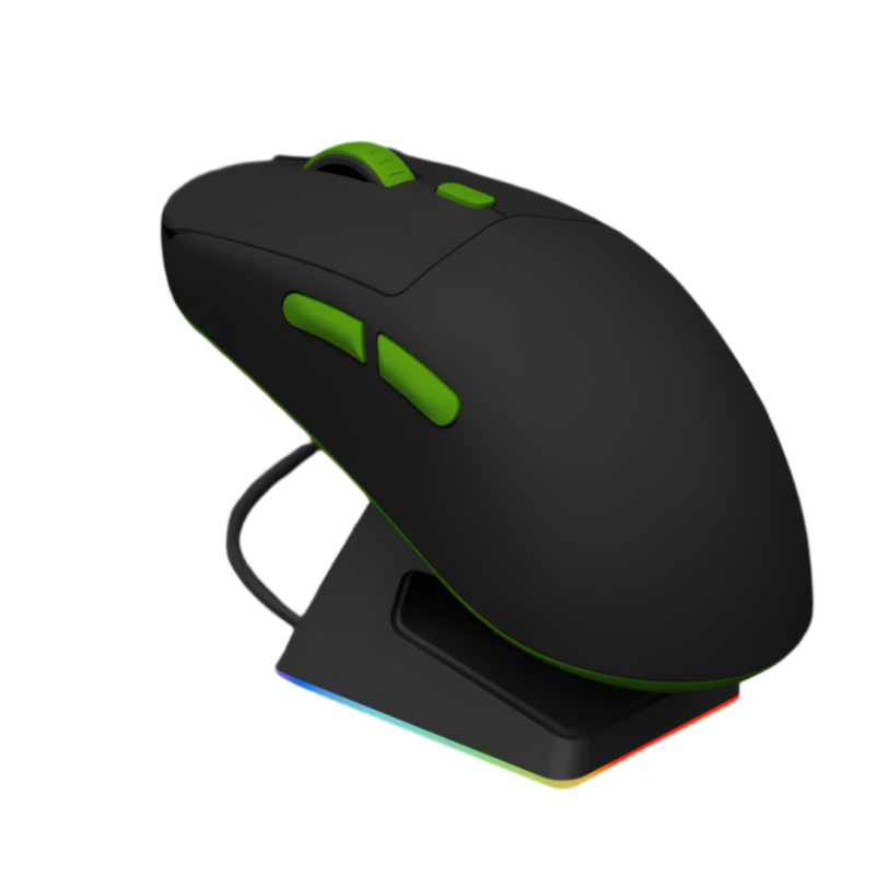 Black gaming mouse with green accents on a dark background, featuring the Darmoshark brand.
