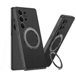 Electroplate Leather Shockproof Magnetic Case with Rotating Ring Bracket for Samsung Galaxy S25 Ultra