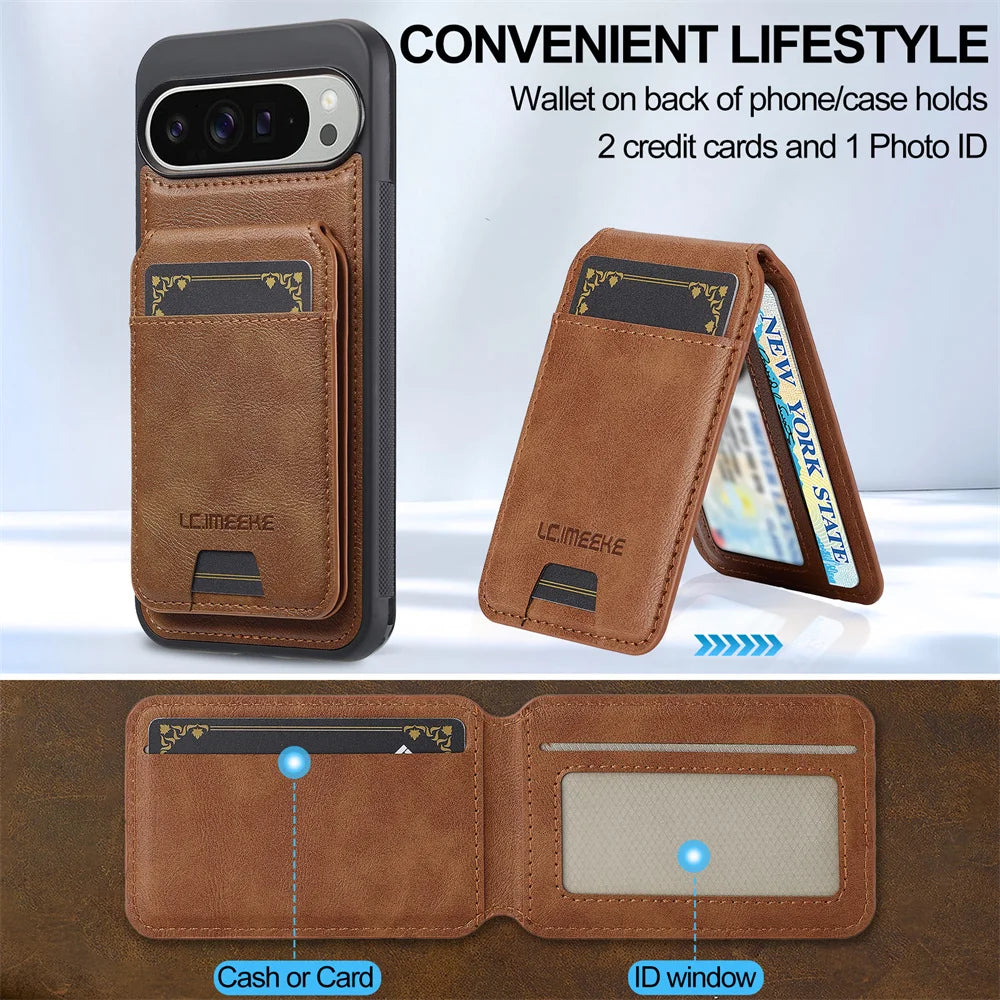 Leather 3-Card Magnetic Wallet Case with Fold-Out Stand for Google Pixel 11 Series
