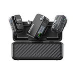 BOYA wireless microphone system with charging case on a white background