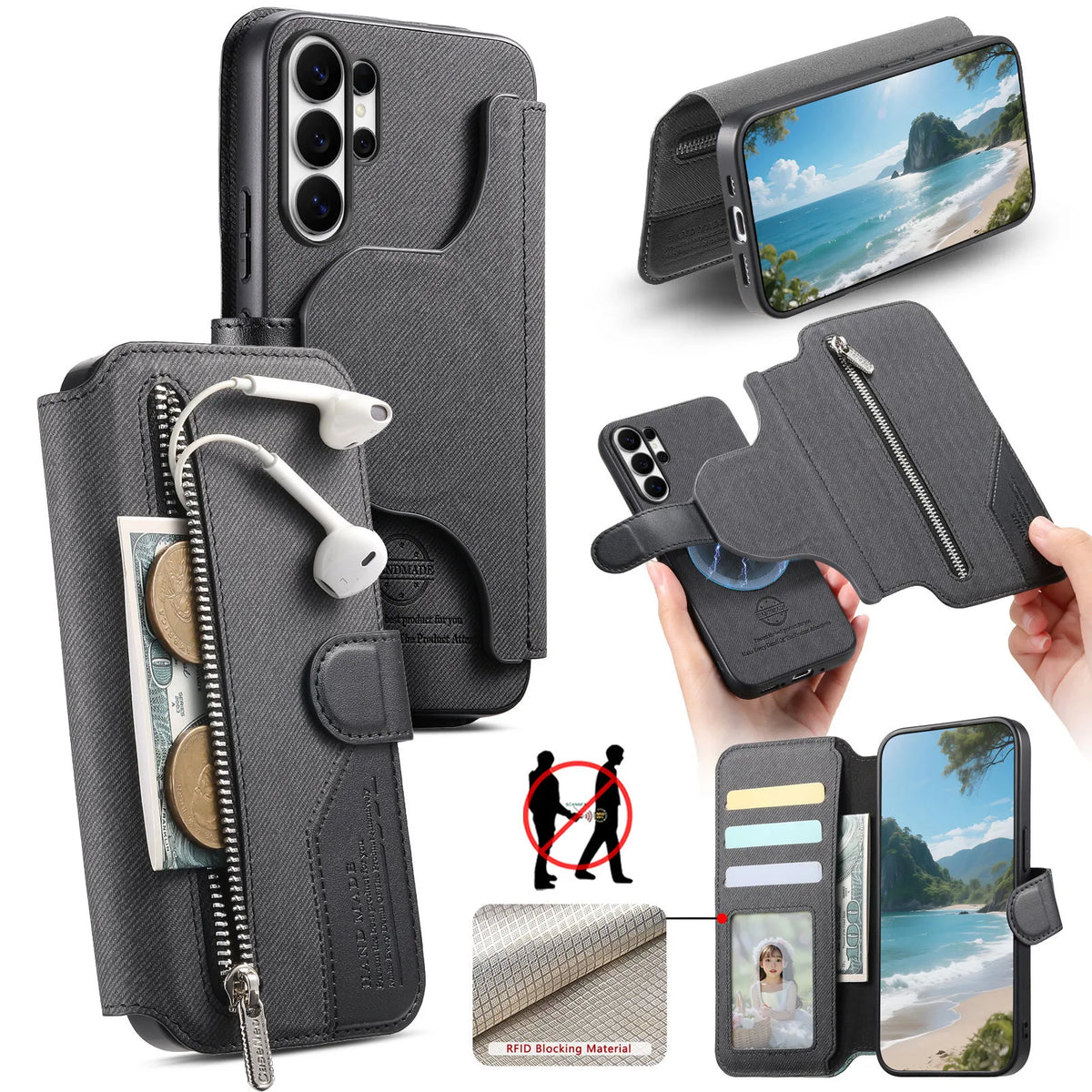 Detachable Magnetic Leather Flip Wallet Case with Kickstand for Samsung Galaxy S22 Series