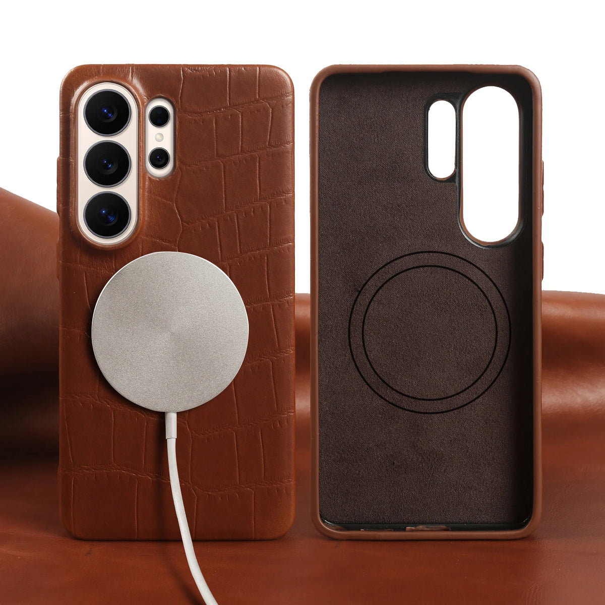 Genuine Leather Case with Integrated Magnetic Ring for Samsung Galaxy S21 Series
