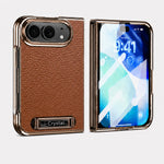 Leather-Texture Electroplated Kickstand Case with Metal Built-In Stand for iPhone Duo