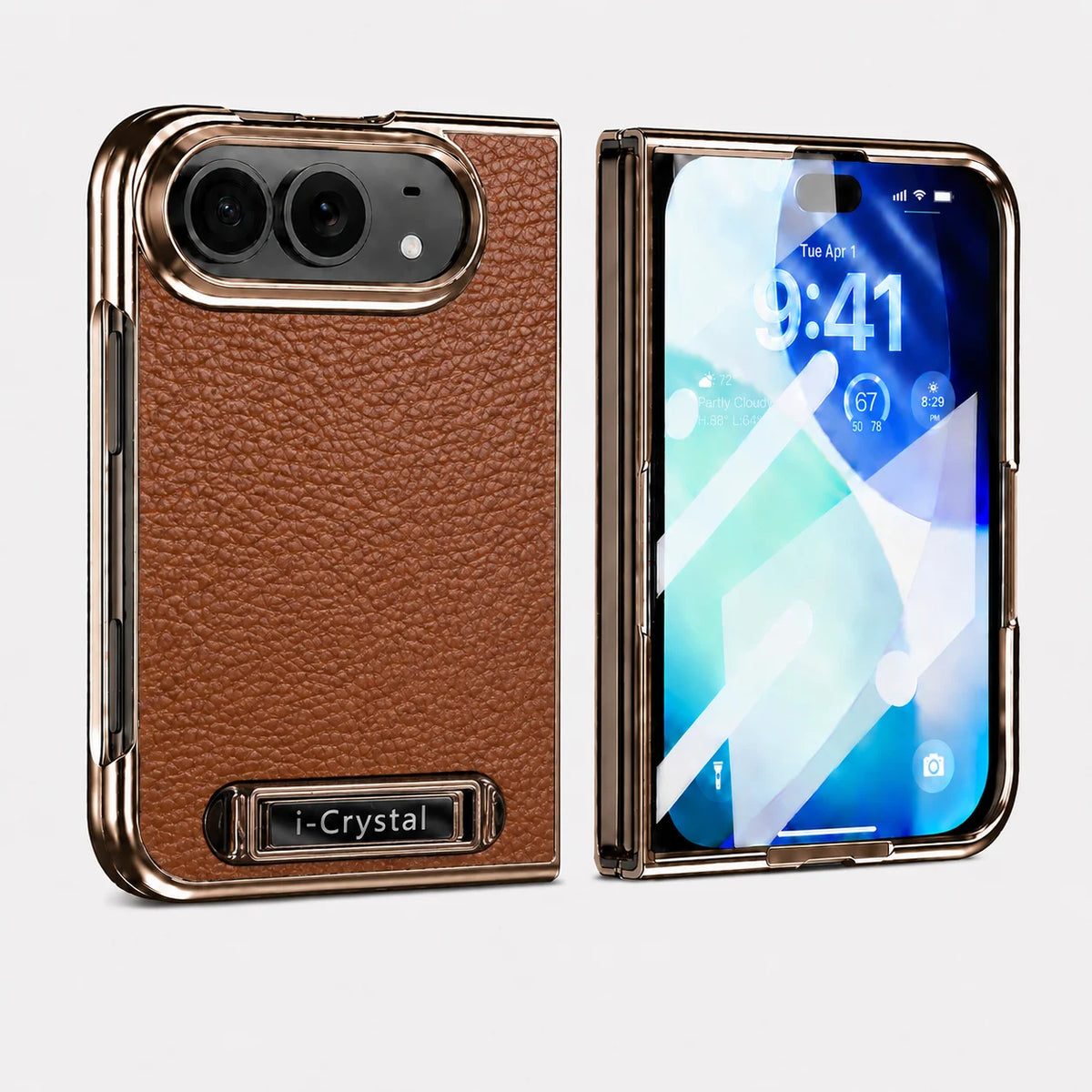 Leather-Texture Electroplated Kickstand Case with Metal Built-In Stand for iPhone Duo