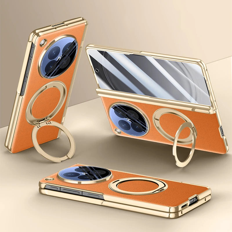 OPPO Find N6 Premium Leather PC Case with Rotating Ring Holder Stand and Privacy Glass