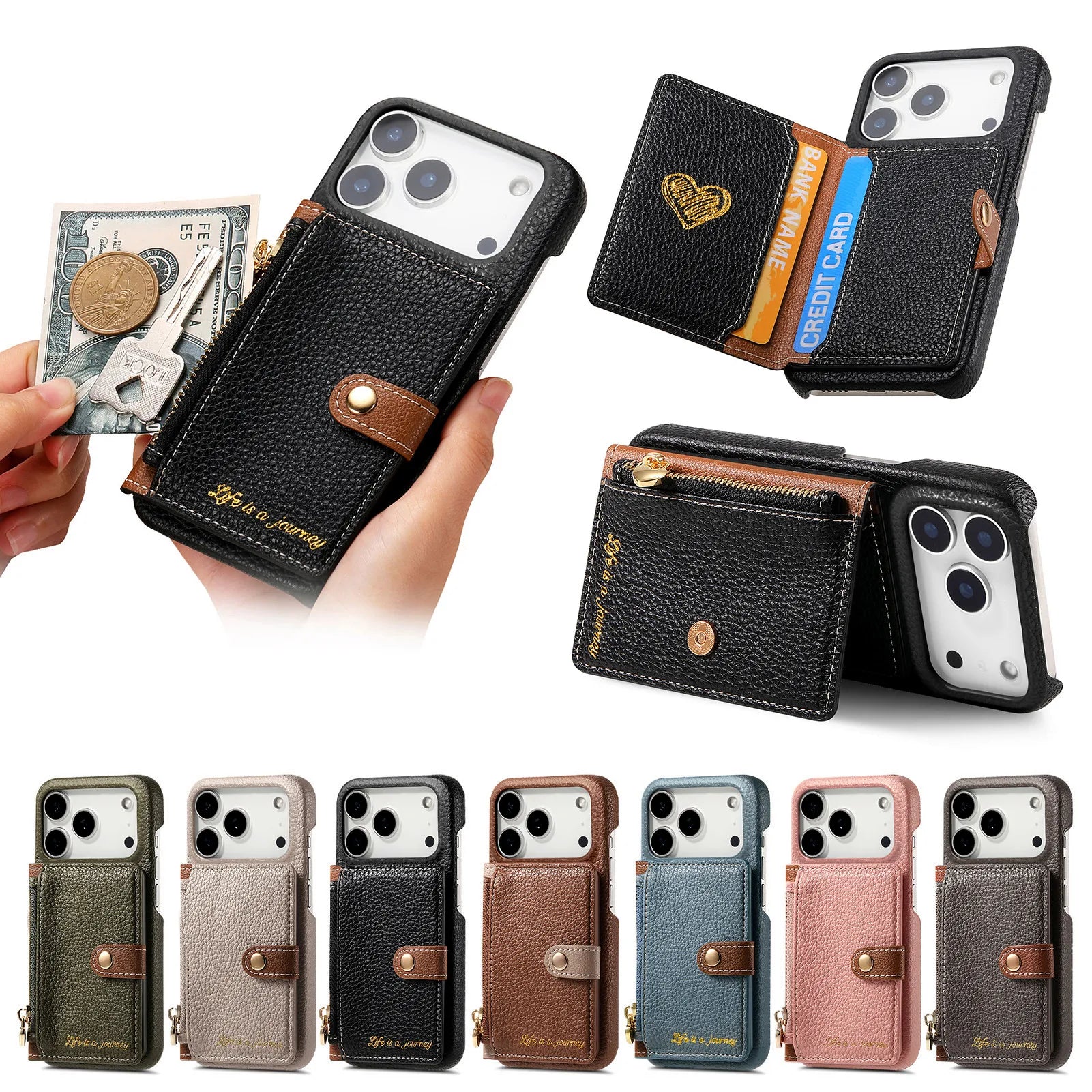 Retro Lychee Pattern Leather Wallet Case with Vertical Card Slot for iPhone 17 Series