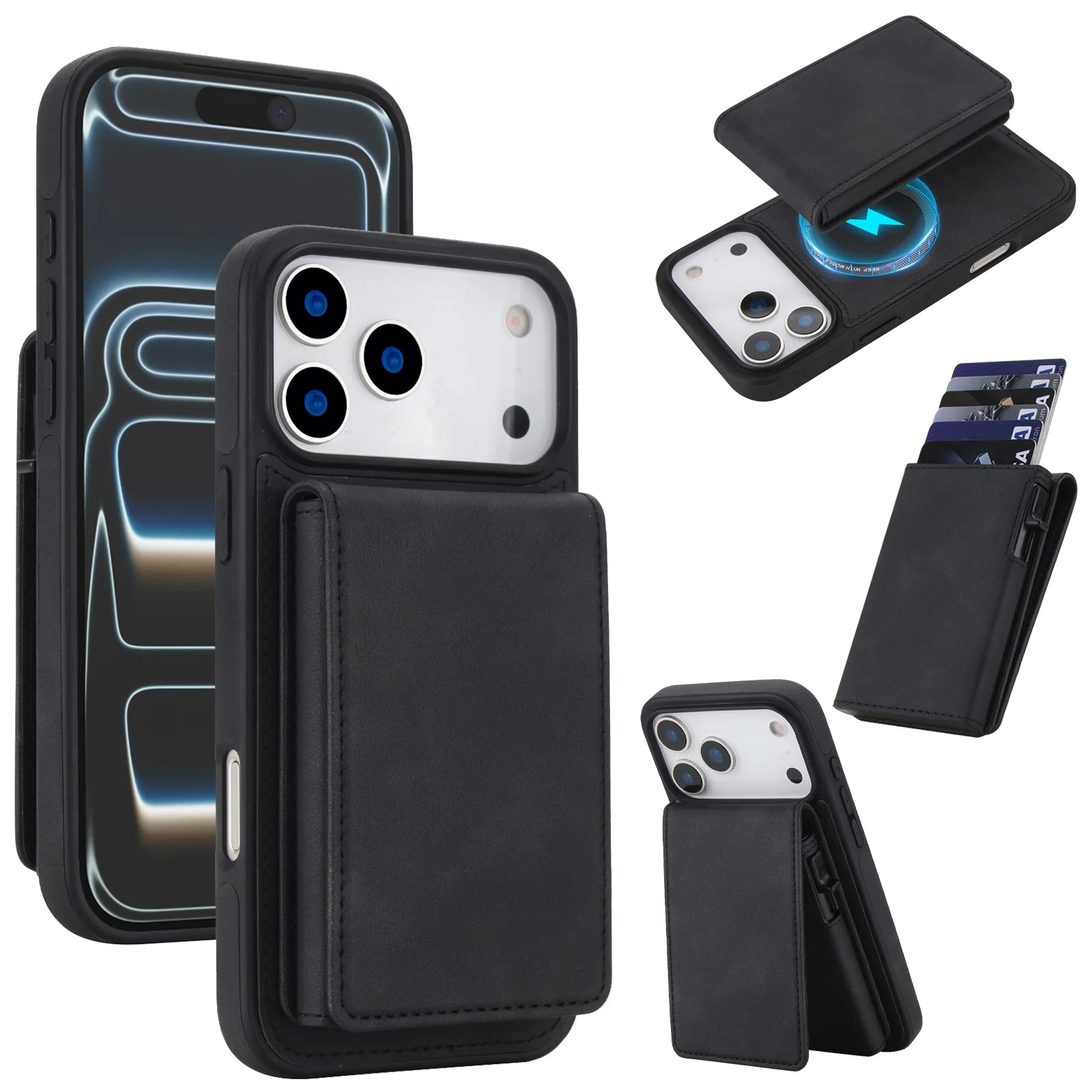 iPhone 17 Series Detachable Leather Wallet Case with Kickstand and RFID Protection