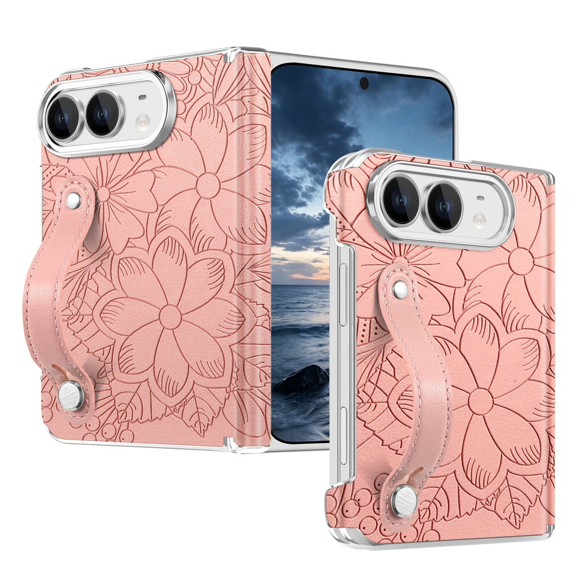 Embossed Floral Leather Case with Wrist Strap and Hinge Protection for iPhone Duo