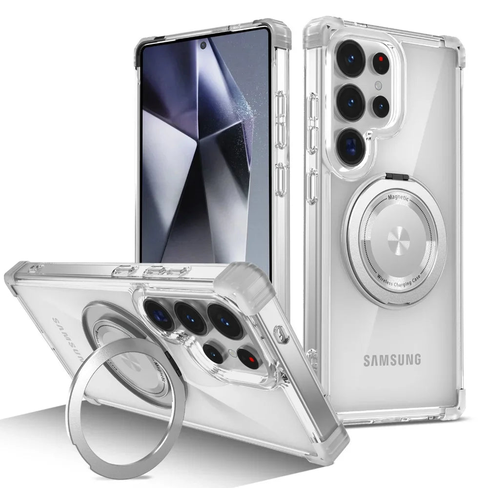 Protective Transparent Magnetic Case with 360° Rotating Holder for Samsung Galaxy S25 Series