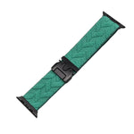Green textured watch strap with black buckle on a white surface