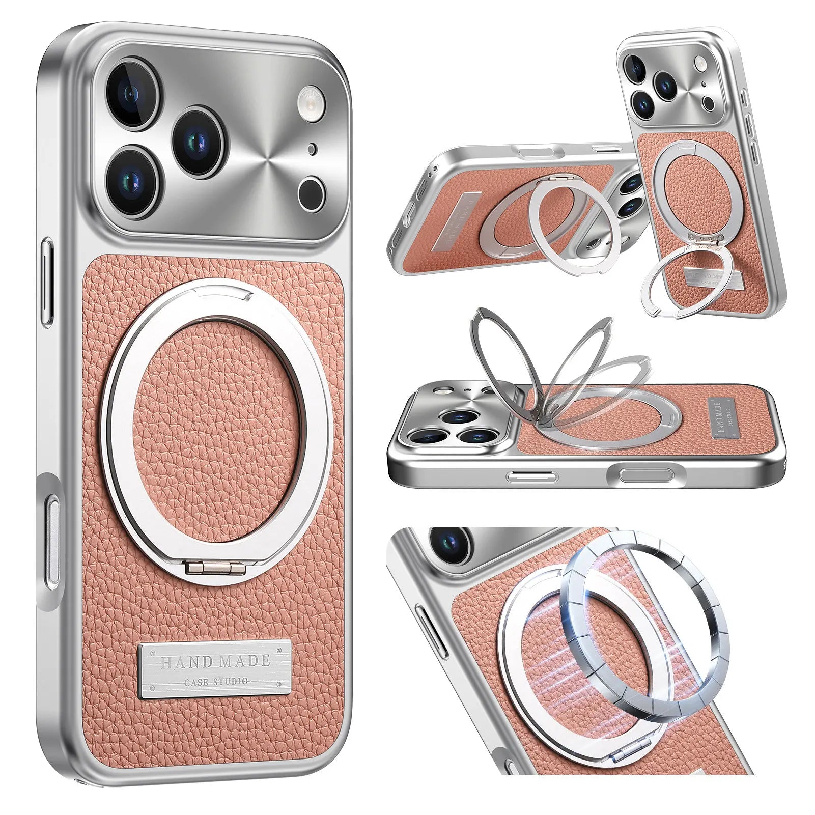 MagSafe Compatible Lychee Leather Case with 360° Kickstand for iPhone 17 Series